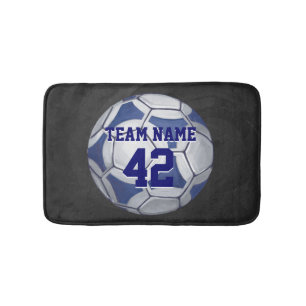 Soccer Ball Blue and White Name and Number Bath Mat