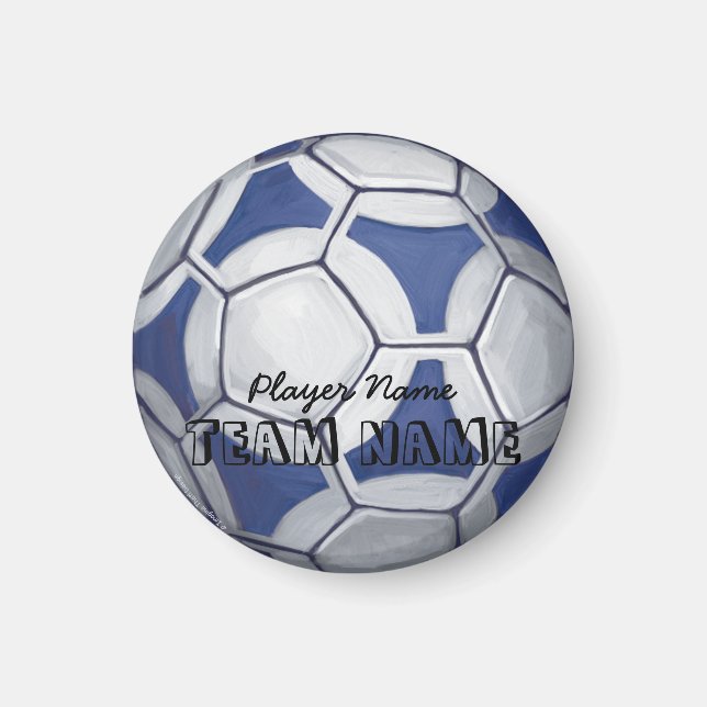 Soccer Ball Blue and White Name and Number Magnet (Front)