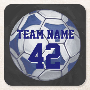 Soccer Ball Blue and White Name and Number Square Paper Coaster