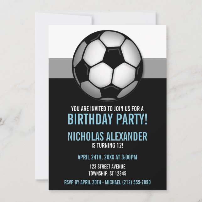 Soccer Ball Blue & Black Birthday Invitations (Front)