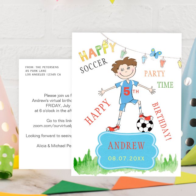 Soccer ball boy birthday virtual party colourful invitation postcard (Creator Uploaded)