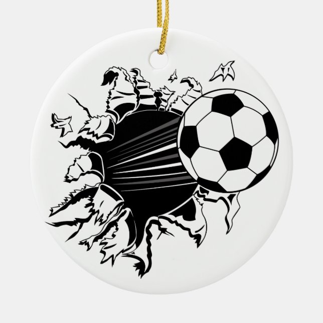 Soccer Ball Busting Out Ceramic Tree Decoration (Front)