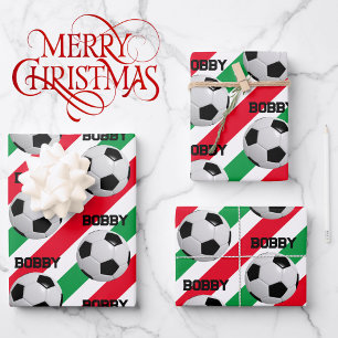 Soccer Ball Christmas Add Name 3 Kids Wrapping Paper Sheet