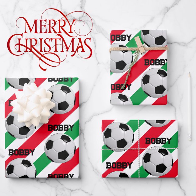 Soccer Ball Christmas Add Name 3 Kids Wrapping Paper Sheet (Creator Uploaded)