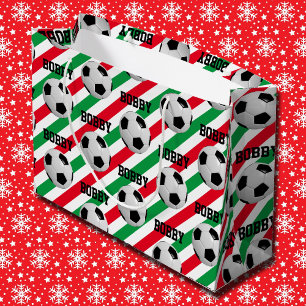 Soccer Ball Christmas Add Name Stripe Red n Green Large Gift Bag