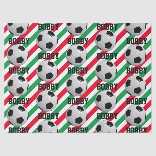 Soccer Ball Christmas Add Name Stripe Red n Green Tissue Paper (Front)