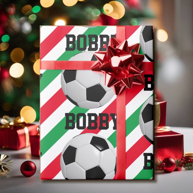 Soccer Ball Christmas Add Name Stripe Red n Green Wrapping Paper (Creator Uploaded)