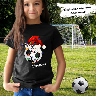 Soccer Ball Christmas Lights Santa Hat Childs Name T-Shirt