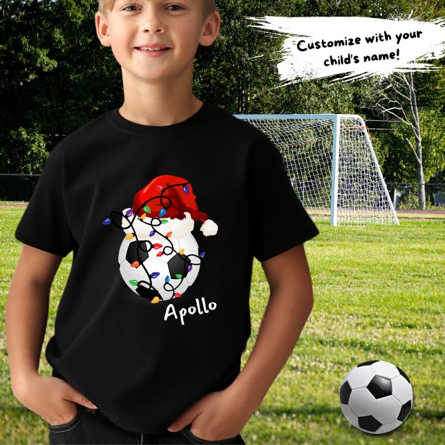 Soccer Ball Christmas Lights Santa Hat Childs Name T-Shirt (Creator Uploaded)