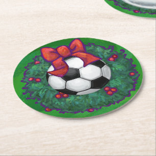 Soccer Ball Christmas Wreath Round Paper Coaster