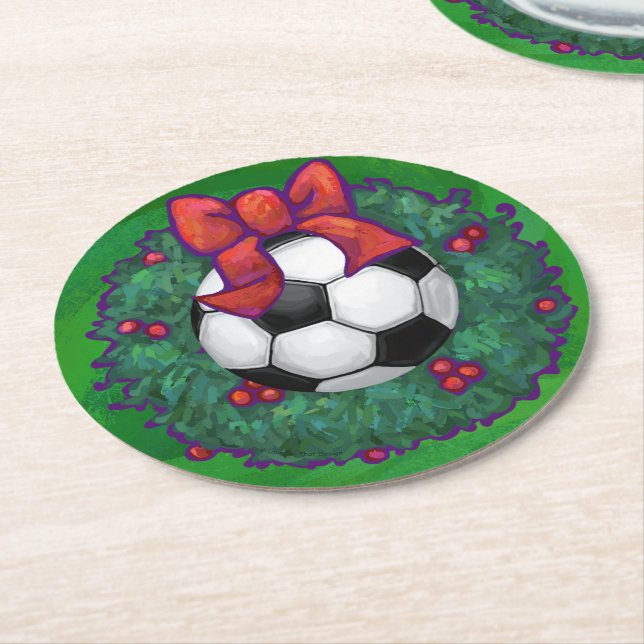 Soccer Ball Christmas Wreath Round Paper Coaster (Angled)