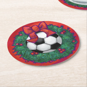 Soccer Ball Christmas Wreath Round Paper Coaster