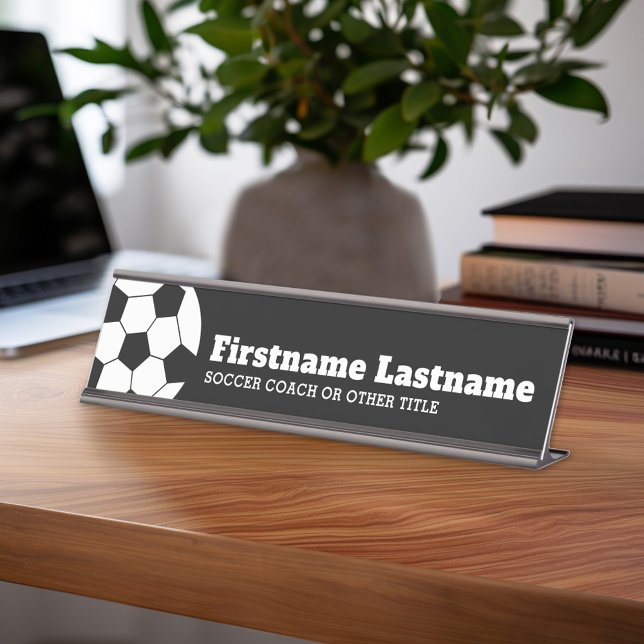 Soccer Ball Coach or Teacher - Modern Drawing Desk Name Plate (Personalized Sports Theme Desk Name Plate - Great Coach Appreciation Gift or Locker room Decor)