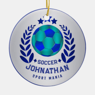 Soccer Ball Crest Bright Blue Sport Fan Gifts Ceramic Tree Decoration