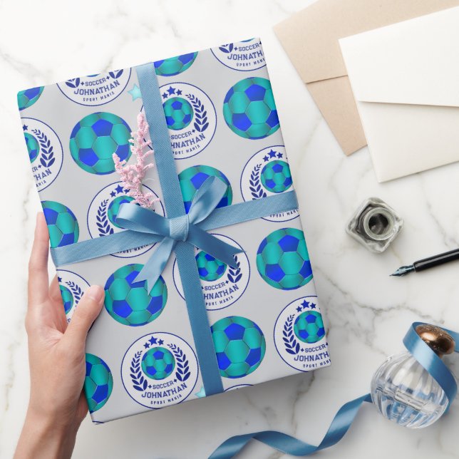 Soccer Ball Crest | Bright Blue Sport Fan Gifts  Wrapping Paper (Gifting)