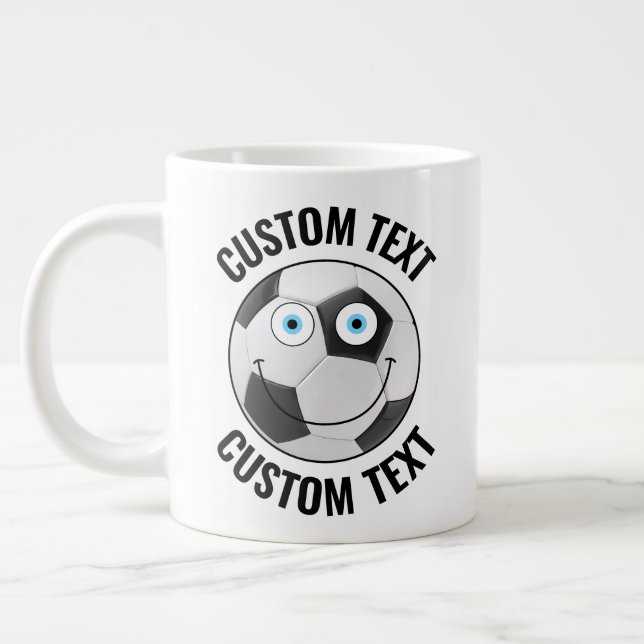Soccer Ball Custom Happy Face & Personalised Text Large Coffee Mug (Left)