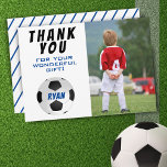 Soccer Ball Football Blue Kids Photo Birthday Thank You Card<br><div class="desc">Soccer Ball Football Blue Kids Photo Birthday Thank You Card. Soccer birthday thank you card with photo, thank you message, name and a soccer ball. On the back of the card are blue stripes. Add your photo to the template. Personalise the card with your name and your text. Great for...</div>