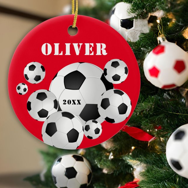 Soccer Ball Football Red Sports Kids Ceramic Tree Decoration (Creator Uploaded)