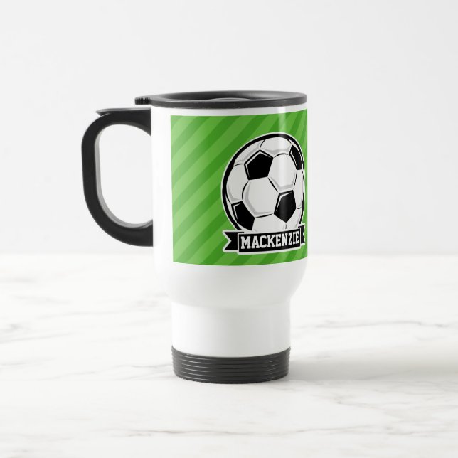 Soccer Ball; Green Stripes Travel Mug (Left)