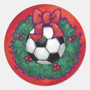 Soccer Ball in a Christmas Wreath on Red Classic Round Sticker