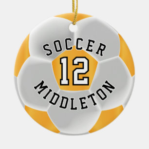 Soccer Ball in a Gold Yellow and White Ceramic Tree Decoration