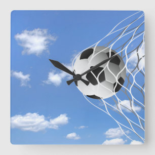 Soccer Ball in net with sky Square Wall Clock