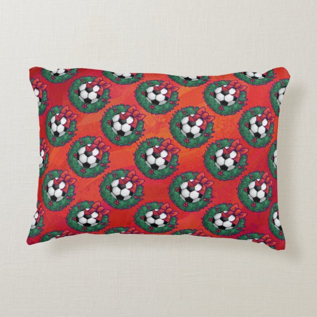 Soccer Ball in Wreath Pattern on Red Decorative Cushion (Back)