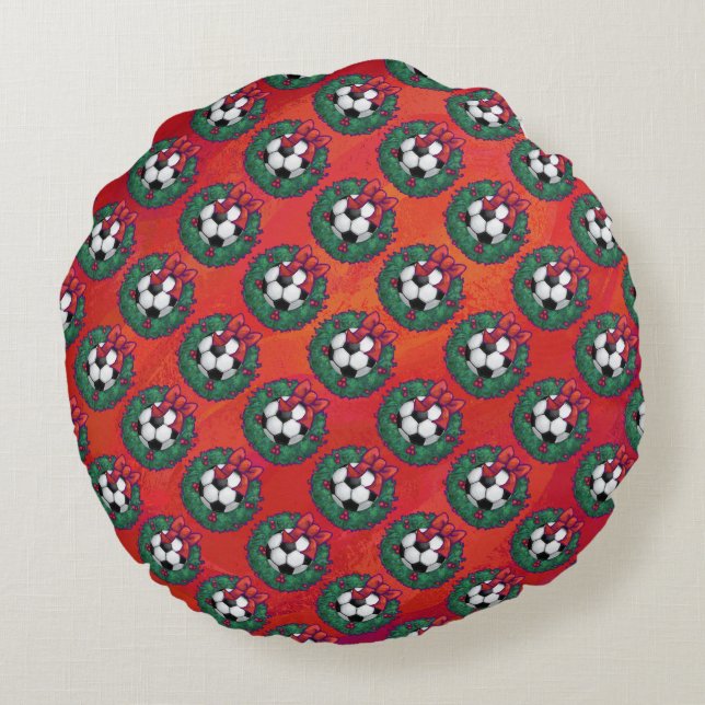 Soccer Ball in Wreath Pattern on Red Round Cushion (Back)