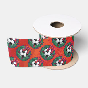 Soccer Ball in Wreath Pattern on Red Satin Ribbon