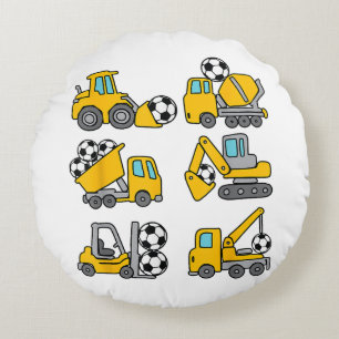 Soccer Ball Kids Football Construction Trucks Round Cushion