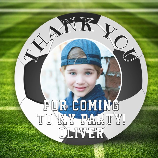 Soccer Ball Kids Photo Birthday Thank you Classic Round Sticker (Creator Uploaded)