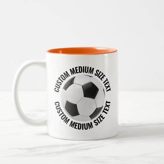 Soccer Ball & Medium Text ORANGE 11oz Custom Two-Tone Coffee Mug (Left)