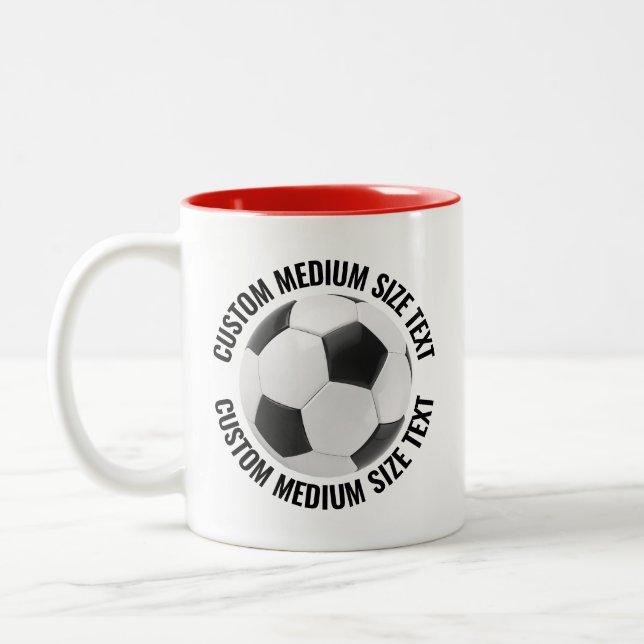 Soccer Ball & Medium Text RED 11oz Custom Two-Tone Coffee Mug (Left)
