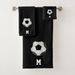 Soccer Ball & Monogram on Black Bath Towel Set