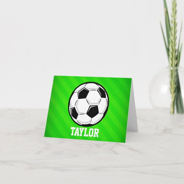 Soccer Ball; Neon Green Stripes Note Card (Front)