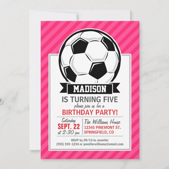 Soccer Ball on Neon Pink Stripes Invitation (Front)