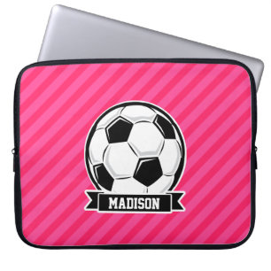 Soccer Ball on Neon Pink Stripes Laptop Sleeve