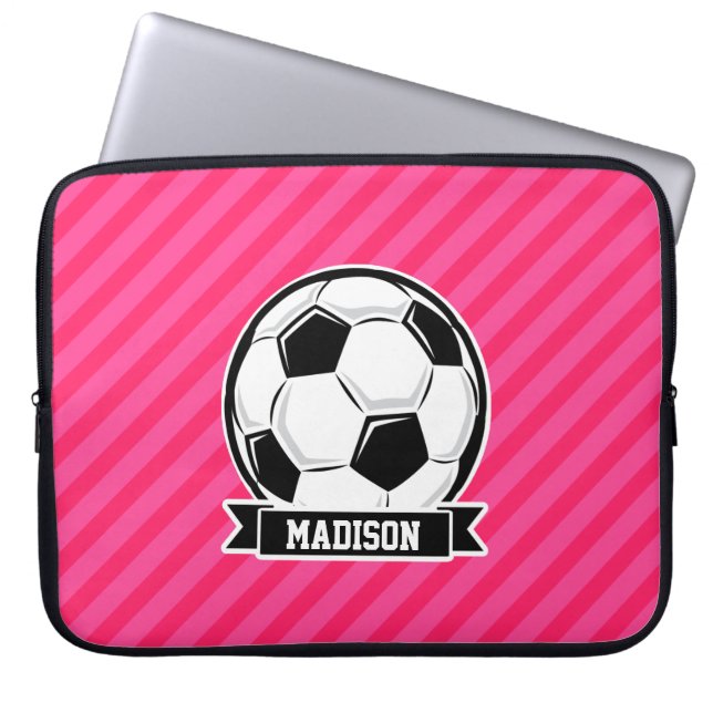 Soccer Ball on Neon Pink Stripes Laptop Sleeve (Front)