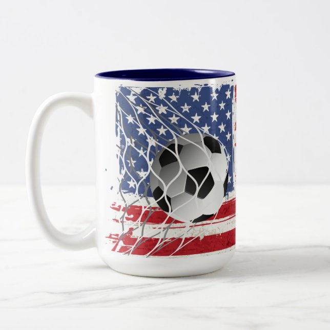 Soccer Ball On USA Flag Two-Tone Coffee Mug (Left)