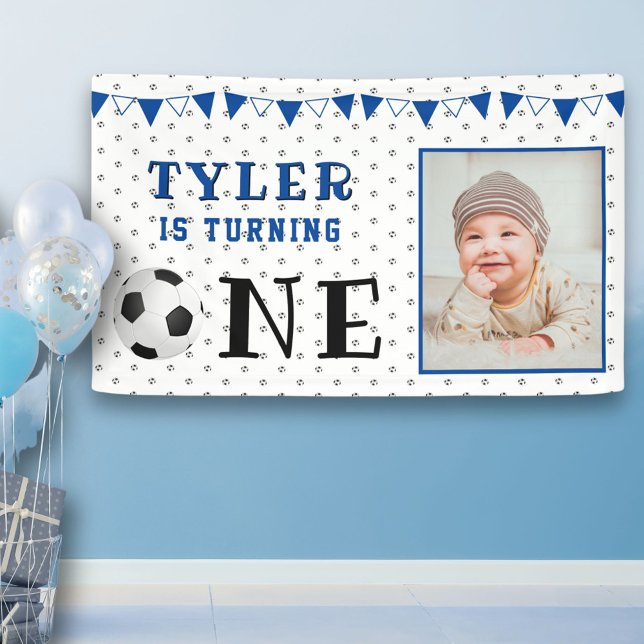 Soccer Ball One 1st Birthday Photo Birthday Party Banner (Creator Uploaded)