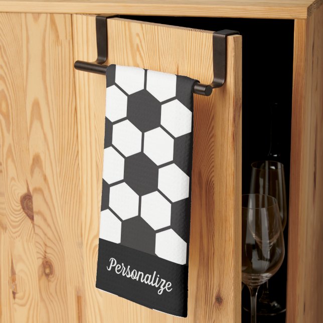 Soccer Ball Pattern Black White Design Personalise Tea Towel (Thirds Fold)