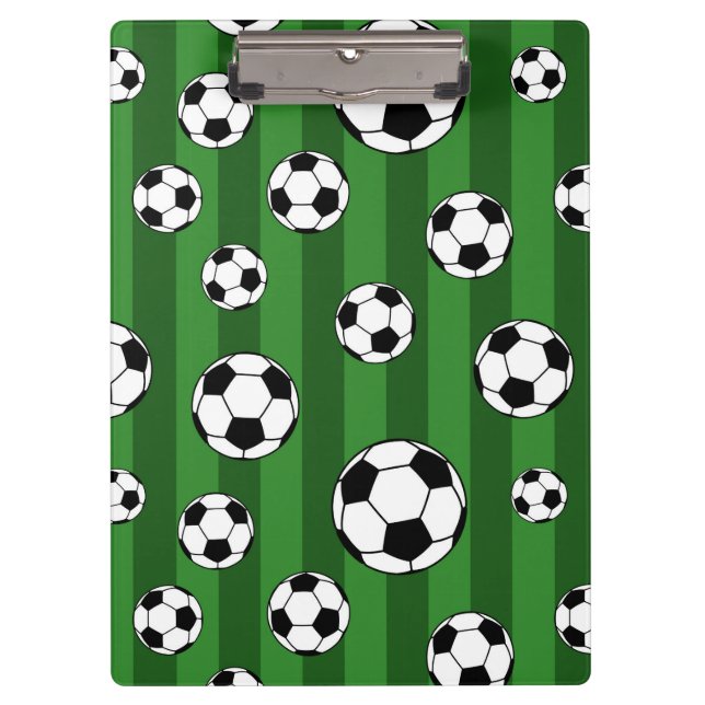 Soccer Ball Pattern on Green Stripes Clipboard (Front)