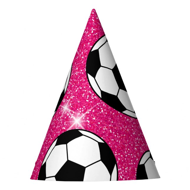 Soccer Ball Pink Frost Glitters Sport Player White Party Hat (Front)