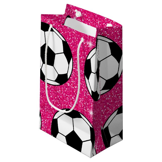 Soccer Ball Pink Frost Glitters Sport Player White Small Gift Bag (Front Angled)