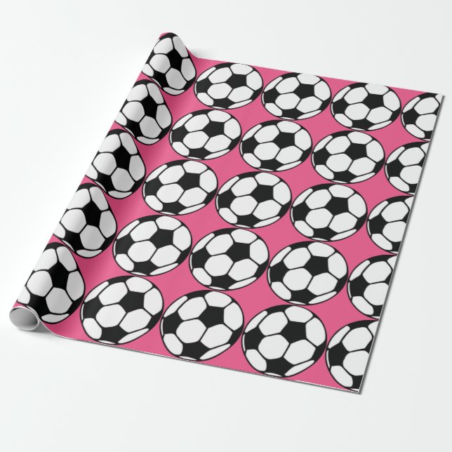 Soccer Ball Pink Girl's Birthday Party Wrapping Paper (Unrolled)