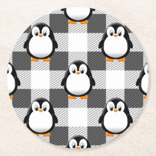 Soccer Ball Plaid Pattern In Black White and Gray Round Paper Coaster