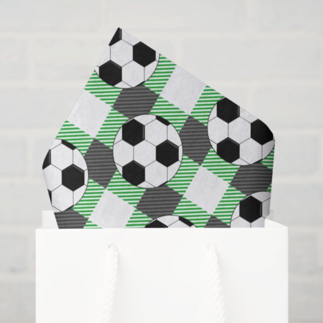 Soccer Ball Plaid Pattern In Black White and Green Tissue Paper (Gift Bag)