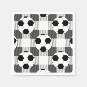 Soccer Ball Plaid Pattern In Black White and Grey Napkin