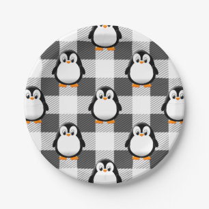 Soccer Ball Plaid Pattern In Black White and Grey Paper Plate