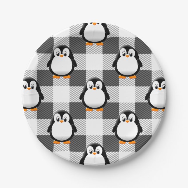 Soccer Ball Plaid Pattern In Black White and Grey Paper Plate (Front)